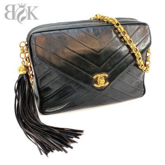 Chanel Cocomark V Stitch Lambskin Fringe Camera Chain Shoulder Bag Black - Picture 1 of 6